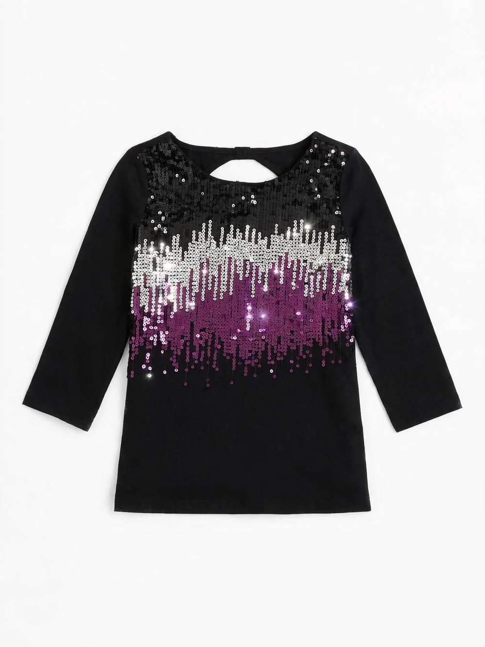 Circo Black Long Sleeve Sequin Ombre Tee with Purple and Silver Accents